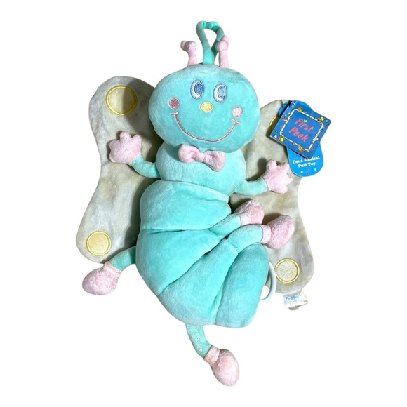 First Peek Other - Vintage First Peek Musical Butterfly Plush Hanging Pull Toy FAO Schwarz Tag READ